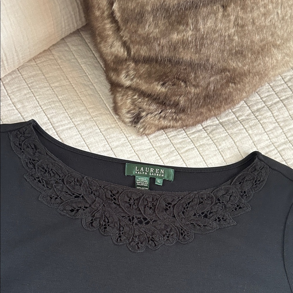 Ralph Lauren Vtg cotton black cottage crochet knit appliqué T-shirt XL​​
